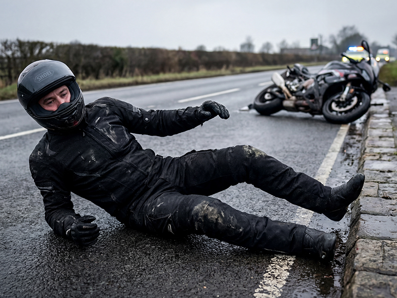 Man sliding down road after motorcycle accident
